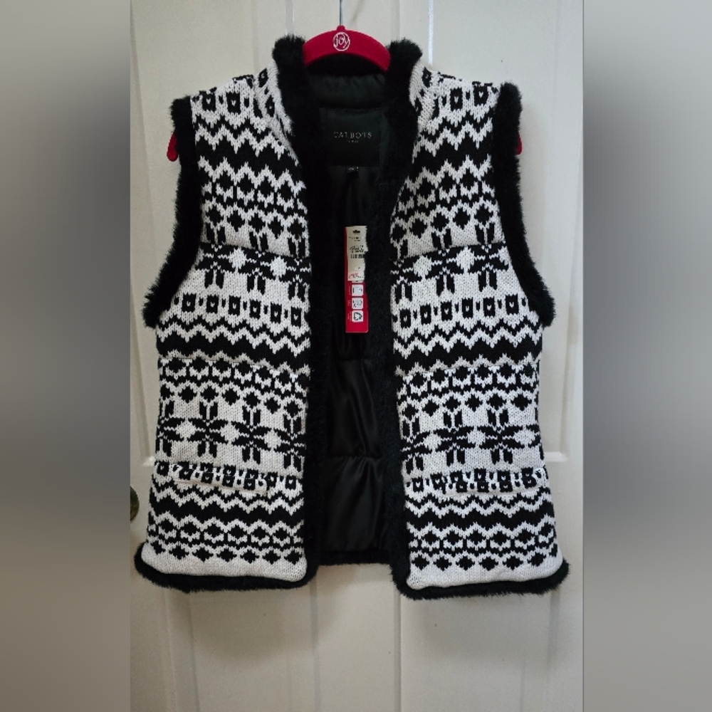 Talbots Black & White Fair Isle Knit Sweater Vest Lined Faux Fur Trim Med Petite
